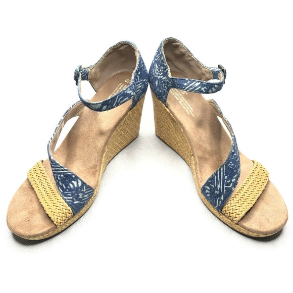 Tom's Chambray Denim Woven Straw Wedge Strappy - Picture 3 of 8